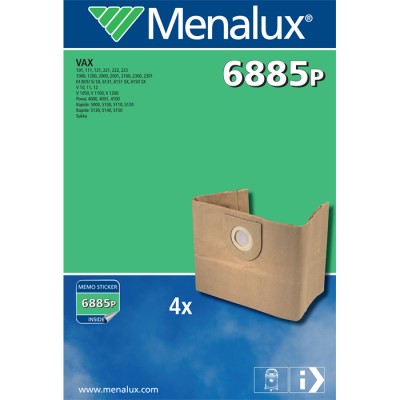 Мешки пылесборные бумажные Menalux 6885P для Vax Бумажные мешки Menalux 6885P для пылесосов VAX. Фильтр-пакеты Menalux обеспечивают высокий уровень фильтрации с удержанием максимального количества частиц пыли и вредных бактерий. Набор Menalux 6885P включает в себя 4 бумажных пылесборника.
