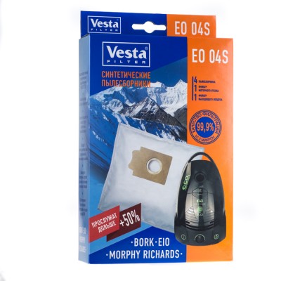 Синтетические пылесборники Vesta Filter EO 04S для пылесосов BORK, EIO Синтетические пылесборники VESTA FILTER EO 04 S для пылесосов EIO, BORK, THOMAS. Произведены из синтетического микроволокна, обладают высокоэффективным качеством фильтрации в 99.9 % (0.3 микрон), обеспечивают очистку воздуха выходящего из пылесоса. Благодаря синтетическому материалу мешки VESTA FILTER EO 04 S не боятся воды и острых предметов, сохраняют мощность пылесоса при заполнении, вмещают в себя больше содержимого чем мешки из бумаги. В комплектацию входят 4 пылесборника , 1 фильтр моторного отсека и 1 фильтр выходящего воздуха.