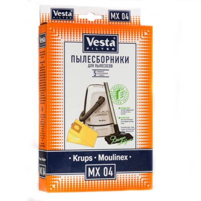Бумажные пылесборники Vesta Filter MX 04 для пылесосов Moulinex, Krups Мешки для пылесосов VESTA FILTER MX 04 из специальной двухслойной фильтровальной целлюлозы (бумаги) для пылесосов MOULINEX
Мешки-пылесборники VESTA FILTER MX 04 являются двухступенчатым фильтром из экологически чистой целлюлозы. Обеспечивают максимальную безопасность Вашего пылесоса и чистоту воздуха в помещении. В комплектацию упаковки входит 5 бумажных пылесборников и 1 предмоторный фильтр.