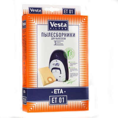 Бумажные пылесборники Vesta Filter ET 01 для пылесосов ETA, DELONGHI, HITACHI Мешки для пылесосов VESTA FILTER ET 01 из специальной двухслойной фильтровальной целлюлозы (бумаги) для пылесосов ETA, DELONGHI, HITACHI
Мешки-пылесборники VESTA FILTER ET 01 являются двухступенчатым фильтром из экологически чистой целлюлозы. Обеспечивают максимальную безопасность Вашего пылесоса и чистоту воздуха в помещении. В комплектацию упаковки входит 5 бумажных пылесборников.