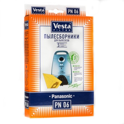 Бумажные пылесборники Vesta Filter PN 06 для пылесосов PANASONIC Пылесборники VESTA FILTER PN 06 из экологически чистой бумаги для пылесосов PANASONIC обеспечивают необходимую защиту вашего пылесоса. Бумажные пылесборники VESTA FILTER PN 06 задерживают более 99 % пыли благодаря двухслойной бумаге. Первый слой мягкий , задерживает основную часть мусора. Второй слой поглощает мельчайшие частицы. Сочетание двух слоёв создает оптимальную систему фильтрации и гарантирует чистый воздух в вашем доме. В комплектацию упаковки входит 5 бумажные пылесборников и 1 универсальный предмоторный фильтр.