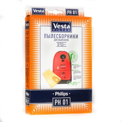 Бумажные пылесборники Vesta Filter PH 01 для пылесосов PHILIPS Бумажные фильтр-мешки VESTA FILTER PH 01 для пылесосов PHILIPS VISION. Фильтр-мешок VESTA FILTER обладает фильтрующими качествами, задерживает 99 % пыли устраняя вредные бактерии благодаря двухслойной степени фильтрации и обеспечивает защиту Вашего пылесоса. В комплектацию входят 5 пылесборников из бумаги и 1 предмоторный фильтр.