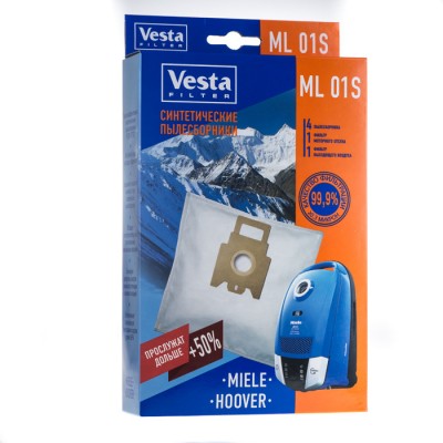 Синтетические пылесборники Vesta Filter ML 01S для пылесосов Miele тип FJM, GN Синтетические пылесборники VESTA FILTER ML 01 S для пылесосов MIELE тип GN, FJM. Произведены из синтетического микроволокна, обладают высокоэффективным качеством фильтрации в 99.9 % (0.3 микрон), обеспечивают очистку воздуха выходящего из пылесоса. Благодаря синтетическому материалу мешки VESTA FILTER ML 01S не боятся воды и острых предметов, сохраняют мощность пылесоса при заполнении, вмещают в себя больше содержимого чем мешки из бумаги. В комплектацию входят 4 пылесборника , 1 фильтр моторного отсека и 1 фильтр выходящего воздуха.