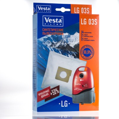 Синтетические пылесборники Vesta Filter LG 03S для пылесосов LG Синтетические пылесборники VESTA FILTER LG 03 S для пылесосов LG. Произведены из синтетического микроволокна, обладают высокоэффективным качеством фильтрации в 99.9 % (0.3 микрон), обеспечивают очистку воздуха выходящего из пылесоса. Благодаря синтетическому материалу мешки VESTA FILTER LG 03 S не боятся воды и острых предметов, сохраняют мощность пылесоса при заполнении, вмещают в себя больше содержимого чем мешки из бумаги. В комплектацию входят 4 пылесборника , 1 фильтр моторного отсека и 1 фильтр выходящего воздуха.