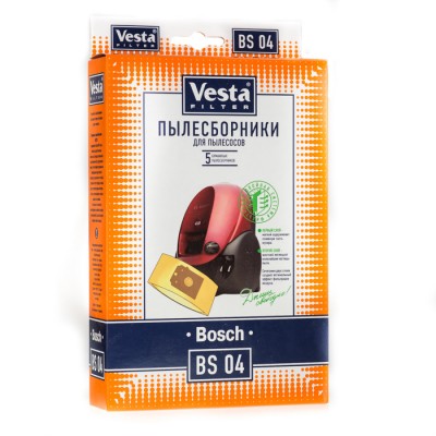 Бумажные пылесборники Vesta Filter BS 04 для пылесоса BOSCH, SIEMENS тип BBZ41FK Бумажные фильтр-мешки VESTA FILTER BS 04 для пылесосов BOSCH, SIEMENS. Фильтр-мешок VESTA FILTER обладает фильтрующими качествами, задерживает 99 % пыли устраняя вредные бактерии благодаря двухслойной степени фильтрации и обеспечивает защиту Вашего пылесоса. В комплектацию входят 5 пылесборников из бумаги