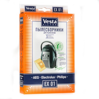 Бумажные пылесборники Vesta Filter EX 01 для пылесосов тип s-bag Бумажные фильтр-мешки VESTA FILTER EX 01 для пылесосов ELECTROLUX, PHILIPS (S-BAG). Фильтр-мешок VESTA FILTER обладает фильтрующими качествами, задерживает 99 % пыли устраняя вредные бактерии благодаря двухслойной степени фильтрации и обеспечивает защиту Вашего пылесоса. В комплектацию входят 5 пылесборников из бумаги
