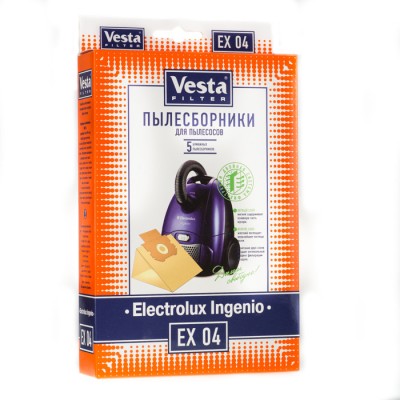 Бумажные пылесборники Vesta Filter EX 04 для пылесосов ELECTROLUX Пылесборники VESTA FILTER EX 04 из экологически чистой бумаги  для пылесосов ELECTROLUX INGENIO обеспечивают необходимую защиту вашего пылесоса. Бумажные пылесборники VESTA FILTER EX 04 задерживают более 99 % пыли благодаря двухслойной бумаге. Первый слой мягкий , задерживает основную часть мусора. Второй слой поглощает мельчайшие частицы. Сочетание двух слоёв создает оптимальную систему фильтрации и гарантирует чистый воздух в вашем доме. В комплектацию упаковки входит 5 бумажных пылесборников.