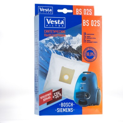 Синтетические пылесборники Vesta Filter BS 02S для пылесосов BOSCH, SIEMENS тип BBZ41FG Синтетические пылесборники VESTA FILTER BS 02 S для пылесосов BOSCH SIEMENS тип BBZ41FG. Произведены из синтетического микроволокна, обладают высокоэффективным качеством фильтрации в 99.9 % (0.3 микрон), обеспечивают очистку воздуха выходящего из пылесоса. Благодаря синтетическому материалу мешки VESTA FILTER BS 02S не боятся воды и острых предметов, сохраняют мощность пылесоса при заполнении, вмещают в себя больше содержимого чем мешки из бумаги. В комплектацию входят 4 пылесборника , 1 фильтр моторного отсека и 1 фильтр выходящего воздуха.