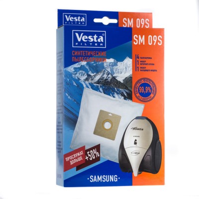 Синтетические пылесборники Vesta Filter SM 09S для пылесосов SAMSUNG тип VP-95 Синтетические пылесборники VESTA FILTER SM 09 S для пылесосов SAMSUNG тип VP-95. Произведены из синтетического микроволокна, обладают высокоэффективным качеством фильтрации в 99.9 % (0.3 микрон), обеспечивают очистку воздуха выходящего из пылесоса. Благодаря синтетическому материалу мешки VESTA FILTER SM 09 S не боятся воды и острых предметов, сохраняют мощность пылесоса при заполнении, вмещают в себя больше содержимого чем мешки из бумаги. В комплектацию входят 4 пылесборника , 1 фильтр моторного отсека и 1 фильтр выходящего воздуха.