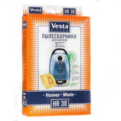 Бумажные пылесборники Vesta Filter HR 30 для пылесосов Hoover, Miele тип H30 Мешки для пылесосов VESTA FILTER HR 30 из специальной двухслойной фильтровальной целлюлозы (бумаги) для пылесосов HOOVER, MIELE.
Мешки-пылесборники VESTA FILTER HR 30 являются двухступенчатым фильтром из экологически чистой целлюлозы. Обеспечивают максимальную безопасность Вашего пылесоса и чистоту воздуха в помещении. В комплектацию упаковки входит 5 бумажных пылесборников.