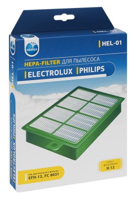 HEPA фильтр Neolux HEL-01 тип EFH12 Фильтр HEPA Neolux HEL-01 для пылесосов ELECTROLUX, PHILIPS, AEG, BORK . Тип оригинального фильтра EFH12. Фильтр Neolux обеспечивает высокоэффективную очистку воздуха. HEPA-фильтр рекомендуется заменять один-два раза в год - в зависимости от интенсивности эксплуатации.