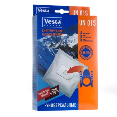 Синтетические пылесборники универсальные Vesta Filter UN 01S Синтетические пылесборники VESTA FILTER UN 01S для ЛЮБЫХ бытовых пылесосов. Мешки с клейкой основой , используются в случае наличия рамки от оригинального мешка, которую потребуется приклеить на мешок из набора UN 01 S. Произведены из синтетического микроволокна, обладают высокоэффективным качеством фильтрации в 99.9 % (0.3 микрон), обеспечивают очистку воздуха выходящего из пылесоса. Благодаря синтетическому материалу мешки VESTA FILTER UN 01S не боятся воды и острых предметов, сохраняют мощность пылесоса при заполнении, вмещают в себя больше содержимого чем мешки из бумаги. В комплектацию входят 4 пылесборника , 1 фильтр моторного отсека и 1 фильтр выходящего воздуха.