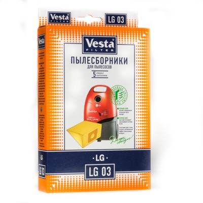 Бумажные пылесборники Vesta Filter LG 03 для пылесосов LG Пылесборники VESTA FILTER LG 03 из экологически чистой бумаги  для пылесосов LG обеспечивают необходимую защиту вашего пылесоса. Бумажные пылесборники VESTA FILTER LG 03 задерживают более 99 % пыли благодаря двухслойной бумаге. Первый слой мягкий , задерживает основную часть мусора. Второй слой поглощает мельчайшие частицы. Сочетание двух слоёв создает оптимальную систему фильтрации и гарантирует чистый воздух в вашем доме. В комплектацию упаковки входит 5 бумажных пылесборников.