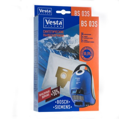 Синтетические пылесборники Vesta Filter BS 03S для пылесосов BOSCH, SIEMENS, тип BBZ41FP Синтетические пылесборники VESTA FILTER BS 03 S для пылесосов BOSCH SIEMENS тип BBZ41FP.  Произведены из синтетического микроволокна, обладают высокоэффективным качеством фильтрации в 99.9 % (0.3 микрон), обеспечивают очистку воздуха выходящего из пылесоса. Благодаря синтетическому материалу мешки VESTA FILTER BS 03S  не боятся воды и острых предметов, сохраняют мощность пылесоса при заполнении, вмещают в себя больше содержимого чем мешки из бумаги. В комплектацию входят 4 пылесборника , 1 фильтр моторного отсека и 1 фильтр выходящего воздуха.