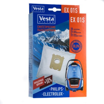Cинтетические пылесборники Vesta Filter EX 01S Тип S-bag Синтетические пылесборники VESTA FILTER EX 01 S для пылесосов ELECTROLUX, PHILIPS тип S-BAG. Произведены из синтетического микроволокна, обладают высокоэффективным качеством фильтрации в 99.9 % (0.3 микрон), обеспечивают очистку воздуха выходящего из пылесоса. Благодаря синтетическому материалу мешки VESTA FILTER EX 01S не боятся воды и острых предметов, сохраняют мощность пылесоса при заполнении, вмещают в себя больше содержимого чем мешки из бумаги. В комплектацию входят 4 пылесборника , 1 фильтр моторного отсека и 1 фильтр выходящего воздуха.
