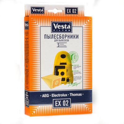 Бумажные пылесборники Vesta Filter EX 02 для пылесосов ELECTROLUX тип ES51 Пылесборники VESTA FILTER EX 02 из экологически чистой бумаги для пылесосов ELECTROLUX, ZANUSSI обеспечивают необходимую защиту вашего пылесоса. Бумажные пылесборники VESTA FILTER EX 02 задерживают более 99 % пыли благодаря двухслойной бумаге. Первый слой мягкий , задерживает основную часть мусора. Второй слой поглощает мельчайшие частицы. Сочетание двух слоёв создает оптимальную систему фильтрации и гарантирует чистый воздух в вашем доме. В комплектацию упаковки входит 5 бумажных пылесборников.