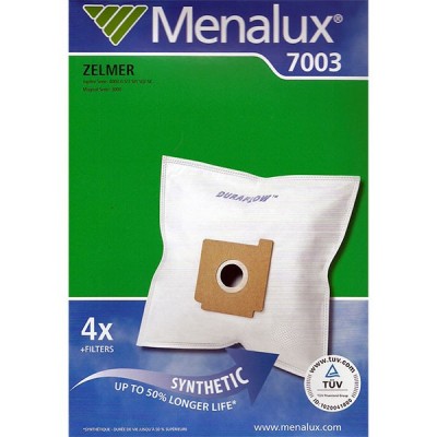 Синтетические пылесборники Menalux 7003 Тип Zelmer 49.4200 Нетканые одноразовые мешки Menalux 7003 для пылесосов Zelmer. Пылесборники из синтетического материала Menalux обеспечивают высокий уровень фильтрации за счет своей многослойности. Данный материал является более прочным и устойчивым к влаге, что позволяет продлить срок службы Вашего пылесоса до 50%. В комплект Menalux 7003 входит 4 синтетических пылесборника, 1 моторный фильтр и 1 микрофильтр.